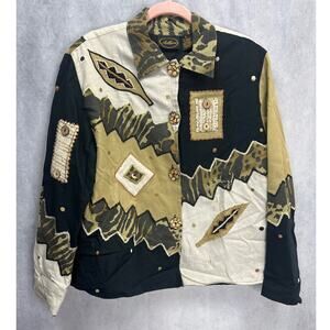 Vintage Allure Womens Boho Cottage Ethnic Applique Button-Down Jacket Size L